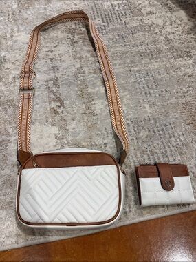 White and Tan Quilted Crossbody Bag with Matching Wallet